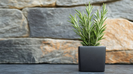 Single rosemary sprig growing strong in a matte black container against stone wall.の素材