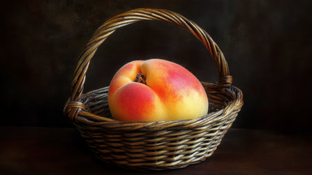 A perfectly ripe peach resting in a handcrafted basket, with its soft fuzz visible up close.の素材
