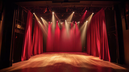 A performance-ready stage featuring lush curtains, a spotlight beam, and a perfectly polished wooden platform.の素材