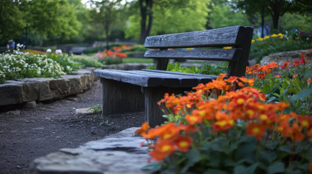 A quaint wooden bench at Flora Park, surrounded by blooming flowers, inviting visitors to relax.の素材
