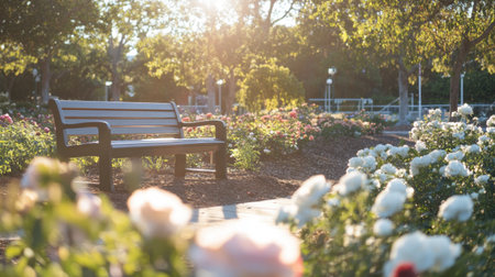 A quaint wooden bench at Flora Park, surrounded by blooming flowers, inviting visitors to relax.の素材