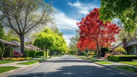 A quiet suburban street, showcasing neatly trimmed hedges, colorful gardens, and tall trees under a sunny sky.の素材
