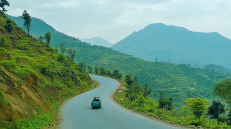 A quiet ride on a curving hill road, with vibrant greenery, chirping birds, and breathtaking mountain views.の素材