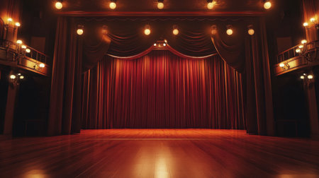 A refined theater setting with heavy curtains, vintage bulbs on the wings, and an expansive polished wooden stage floor.の素材