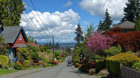 A quiet suburban street, showcasing neatly trimmed hedges, colorful gardens, and tall trees under a sunny sky.の素材