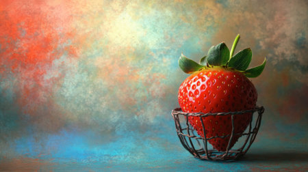A red strawberry with its leafy crown sits in a tiny, circular basket on a pastel surface.の素材