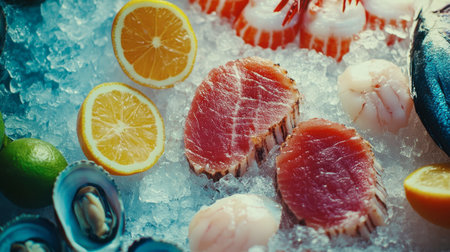 A raw seafood platter with scallops, tuna steaks, and clams on crushed ice.の素材