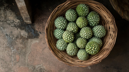 A ripe custard apple showcased in a simple basket, its green scales highlighted in natural light.の素材