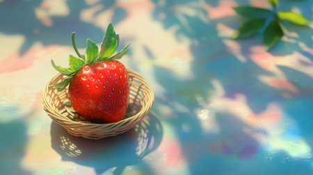 A red strawberry with its leafy crown sits in a tiny, circular basket on a pastel surface.の素材