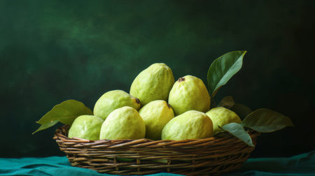 A ripe guava sits in a minimalist basket, with its light green skin glowing softly.の素材