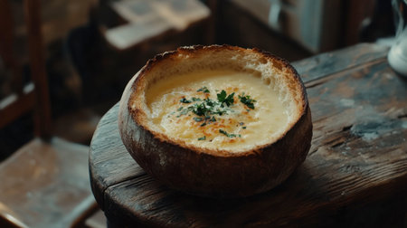 A rustic setting with creamy seafood chowder in a bread bowl, garnished with parsley, on a wooden table.の素材