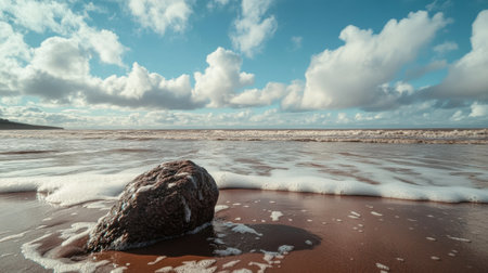 A serene beach with a solitary rock in the foreground and a vast horizon.の素材