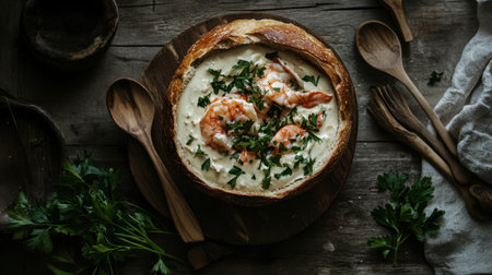 A rustic dining table features a creamy seafood chowder in a bread bowl, paired with parsley and wooden utensils.の素材