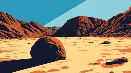 A rocky desert landscape with a single boulder casting a long shadow.の素材