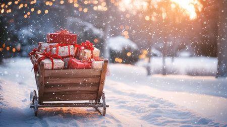 A rustic wooden sleigh filled with wrapped presents and surrounded by a snowy landscape.の素材