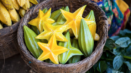 A ripe starfruit displayed in a small, rustic basket, its unique shape creating interest.の素材