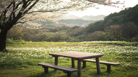 A scenic picnic spot within Flora Park, surrounded by lush grass and vibrant flower fields.の素材