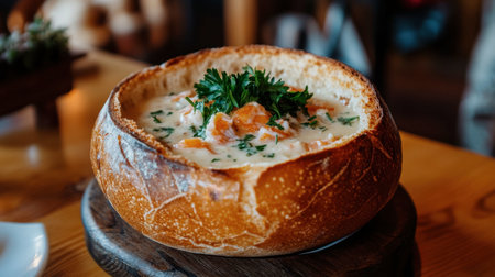 A seafood chowder bread bowl, topped with parsley, sits elegantly on a wooden table, surrounded by cozy decor.の素材