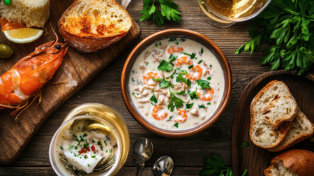 A rustic setting with creamy seafood chowder in a bread bowl, garnished with parsley, on a wooden table.の素材