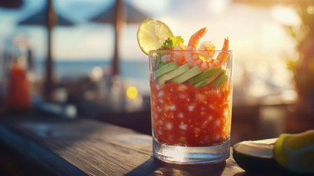 A seafood cocktail with shrimp, avocado, and spicy tomato sauce in a glass cup.の素材