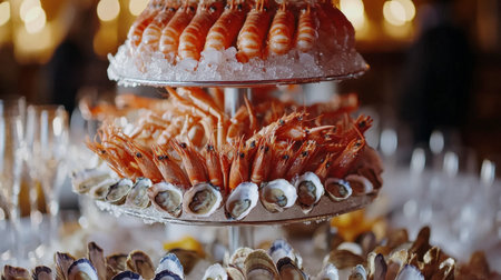 A seafood tower featuring oysters, clams, shrimp, and crab legs, elegantly displayed.の素材
