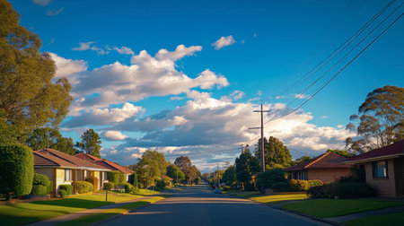A quiet suburban street surrounded by natures greenery, neat houses, and a bright blue sky overhead.の素材