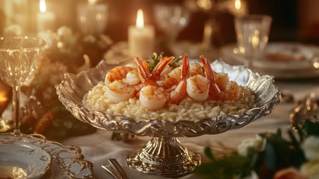 A seafood risotto with shrimp and scallops served in a decorative bowl.の素材