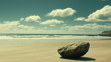 A serene beach with a solitary rock in the foreground and a vast horizon.の素材