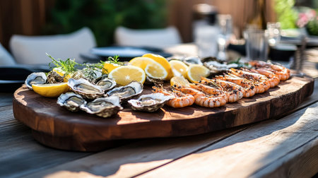A rustic seafood platter with grilled prawns, oysters, and sliced lemons on a wooden table.の素材