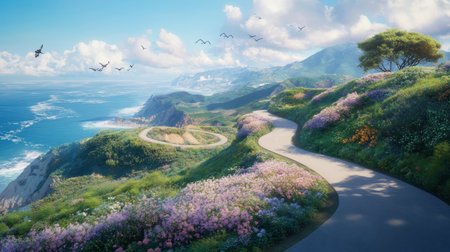 A serene hillside cycling trail with a curving road, vibrant greenery, and birds soaring through the blue sky.の素材