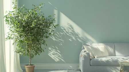 A serene pastel living room with muted lavender walls, soft gray furniture, and a large indoor plant.の素材