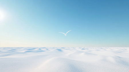 A single bird flying across an otherwise empty, blue horizon.の素材