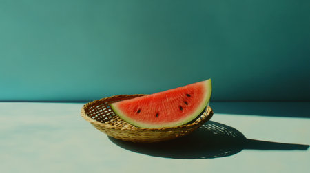 A single watermelon slice placed in a shallow woven basket, against a bright summer background.の素材