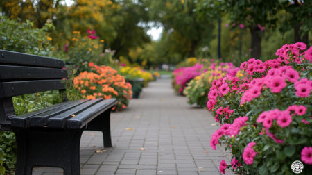 A serene pathway through Flora Park, surrounded by blooming flowers in a symphony of colors, creating a tranquil atmosphere.の素材