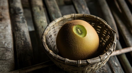 A single kiwi fruit nestled in a bamboo basket, with its fuzzy skin softly illuminated.の素材