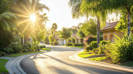 A serene suburban scene with an empty street, quaint houses, and lush greenery under a bright, sunny sky.の素材