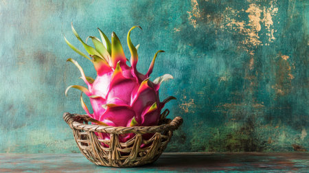 A single dragon fruit showcased in a decorative basket, its exotic colors standing out.の素材