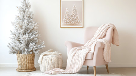 A small pastel living room with a pale pink armchair, soft cream walls, and a cozy knitted throw.の素材
