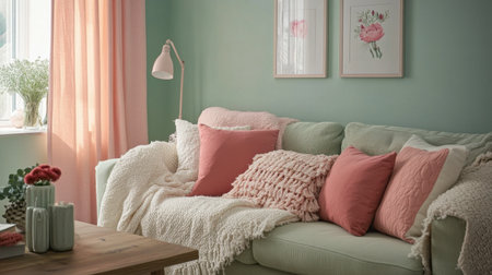 A soft pastel living room featuring mint green walls, blush pink accents, and cozy cushions.の素材