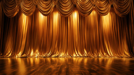 A sophisticated theater stage featuring gold-lined curtains, soft glowing lights, and polished wood floors reflecting the ambiance.の素材
