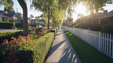 A suburban street basking in sunlight, lined with family homes, picket fences, and neatly trimmed hedges.の素材
