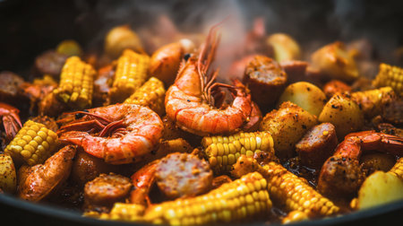 A steaming seafood boil with shrimp, sausage, corn, and potatoes in a spicy Cajun sauce.の素材
