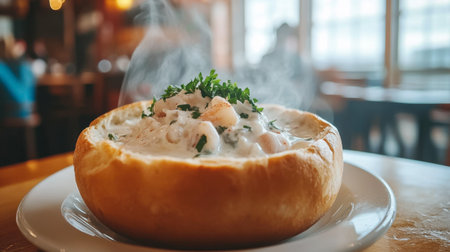 A steaming bread bowl of creamy seafood chowder garnished with parsley, on a rustic wooden table with natural light.の素材