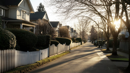 A suburban street basking in sunlight, lined with family homes, picket fences, and neatly trimmed hedges.の素材