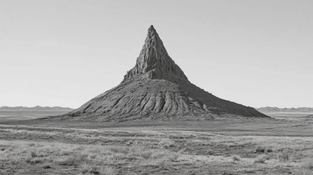 A stark mountain peak rising above a flat, barren plain.の素材