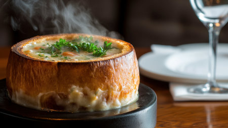 A steaming bread bowl of seafood chowder, garnished with fresh parsley, on a wooden table adorned with rustic charm.の素材