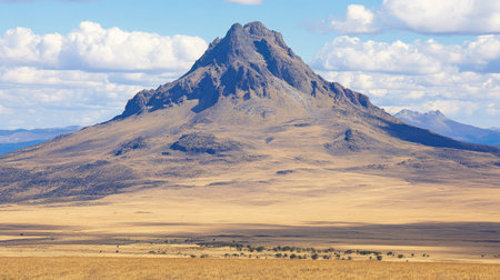 A stark mountain peak rising above a flat, barren plain.の素材