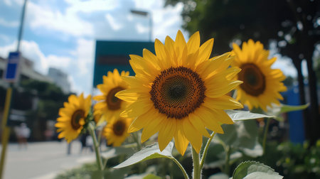 A spectacular arrangement of sunflowers at Flora Park, basking in the warm sunlight.の素材
