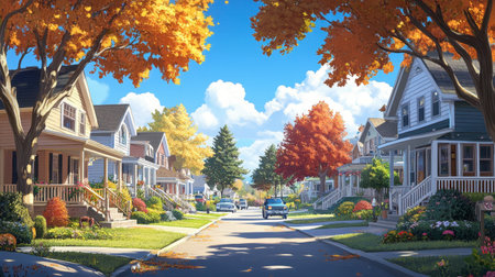 A suburban neighborhood on a sunny day, featuring cozy homes with porches and tree-lined pathways.の素材