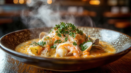 A steaming bowl of seafood chowder with clams, shrimp, and potatoes, garnished with parsley.の素材